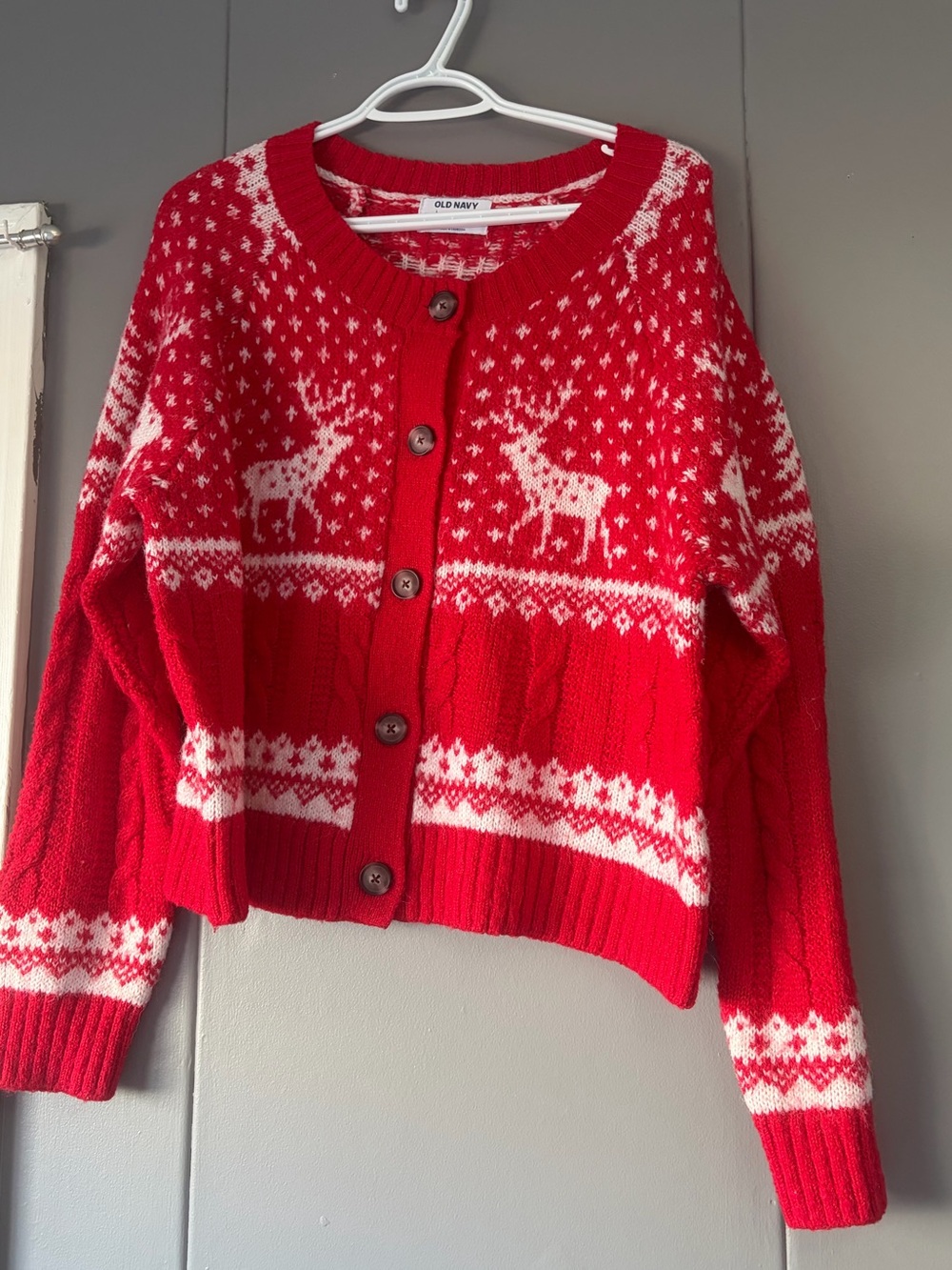 Old Navy Red & White Holiday Fair Isle Reindeer Cardigan